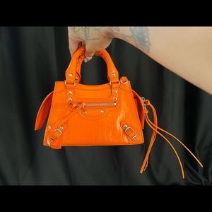 Balenciaga Croc Embossed Orange Crocodile Skin Leather Bag with shoulder strap